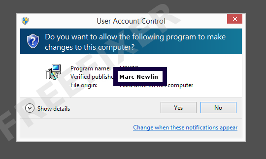 Screenshot where Marc Newlin appears as the verified publisher in the UAC dialog